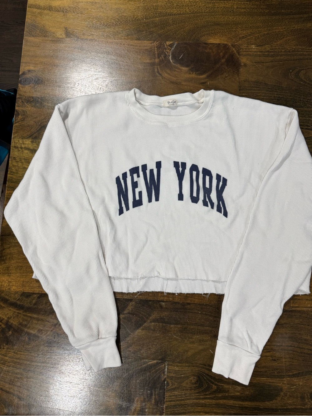 Brandy Melville White Cropped Waffle Top with Navy "New York" Print
